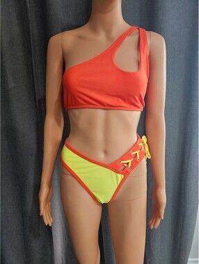 Two-Tone Orange and Yellow One-Shoulder Lace-Up Bikini Set Size 1X